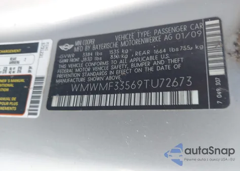 2009 Mini Cooper из США, поврежденный, VIN WMWMF33569TU72673